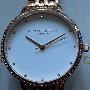 Olivia Burton Watch With 34mm White Face With MultiColored Crystals On Bezel